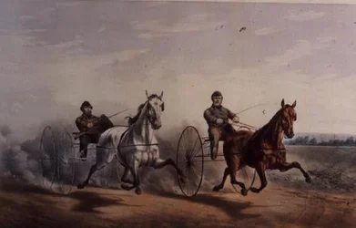 Hero und Flora Temple auf der Zielgeraden in ihrem großen Rennen um 2000 Dollar über die Centreville-Strecke, 1855